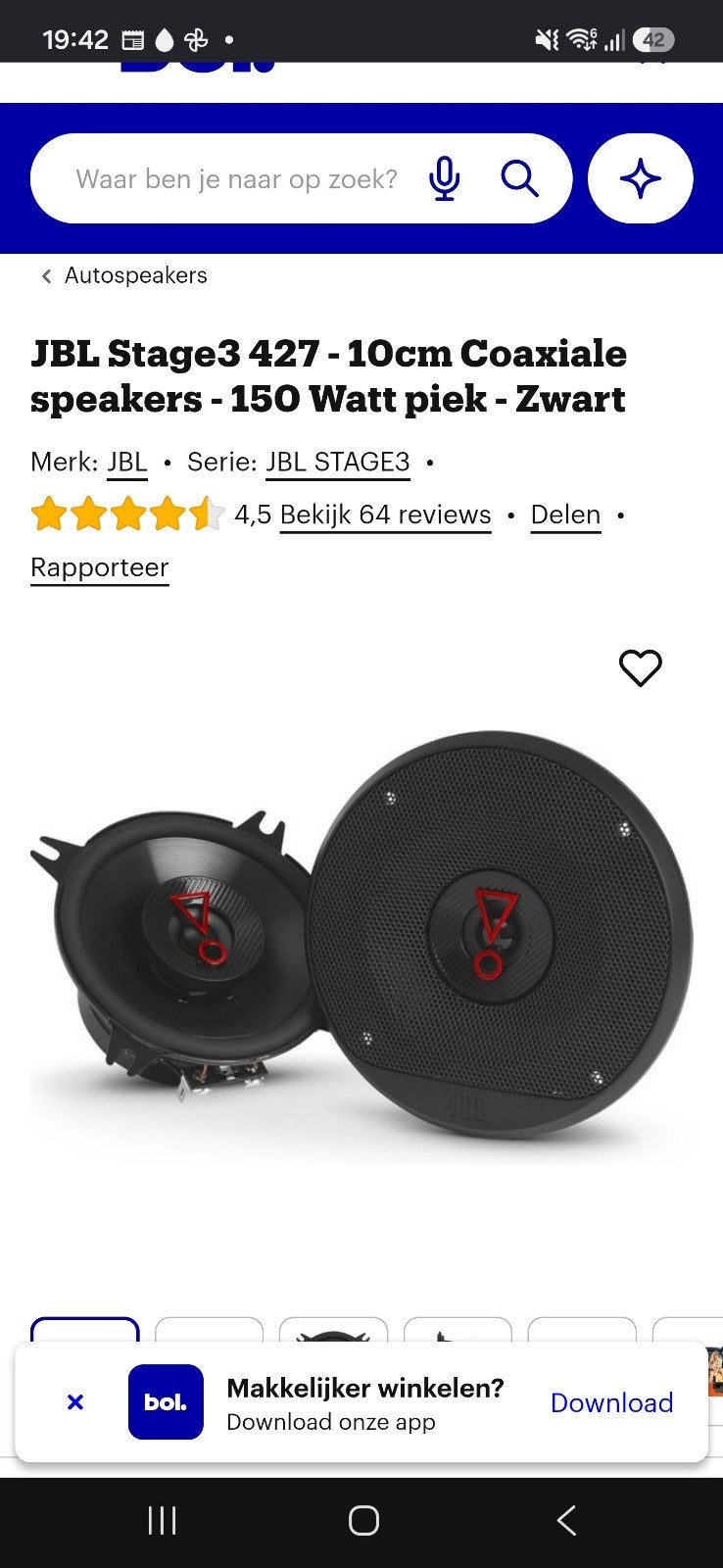 JBL Stage3 427 - 10cm Coaxiale autospeakers - 150W piek, Ophalen of Verzenden, Zo goed als nieuw