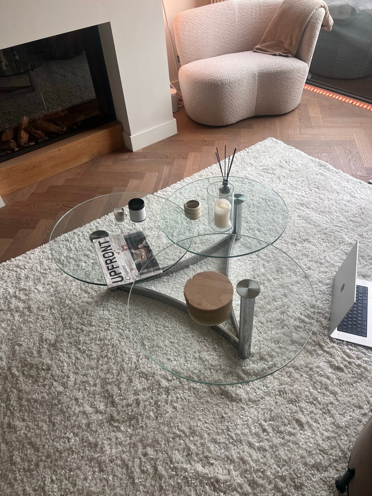 Vintage glazen salontafel met draaibare bladen, Ophalen, Gebruikt, 100 tot 150 cm, Vierkant
