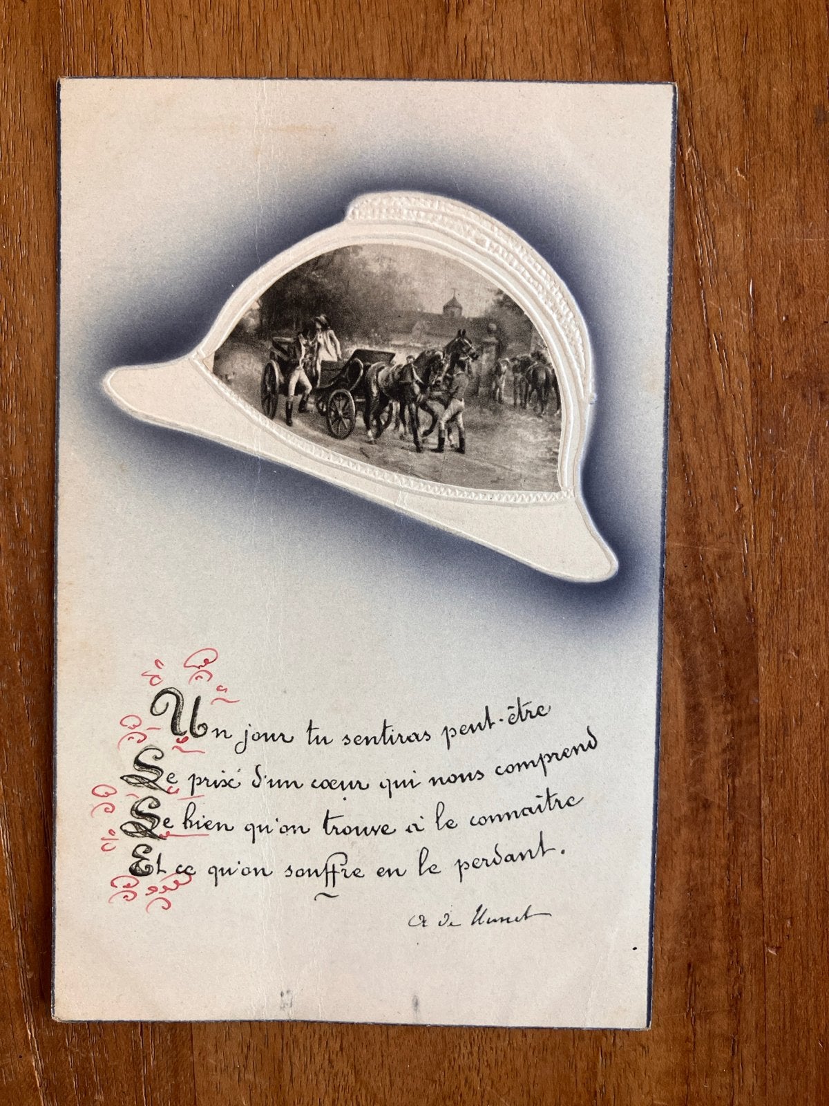 Brandweer Militaire helm in reliëf. Gedicht Alfred de Musset, Ophalen of Verzenden, Voor 1920, Gelopen, Politiek en Historie