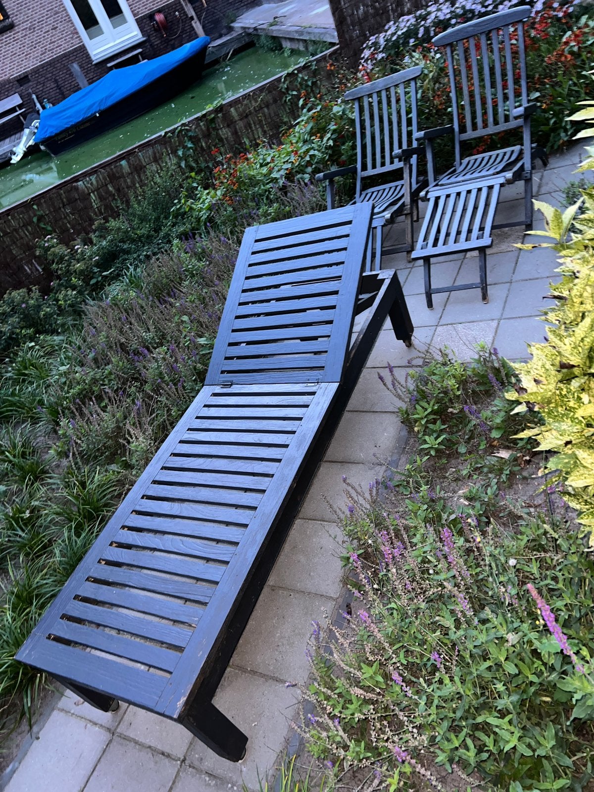 Tuin loungeset - teakhouten lig/dekstoelen met voetenbank, Ophalen, Gebruikt, Teakhout, Inklapbaar