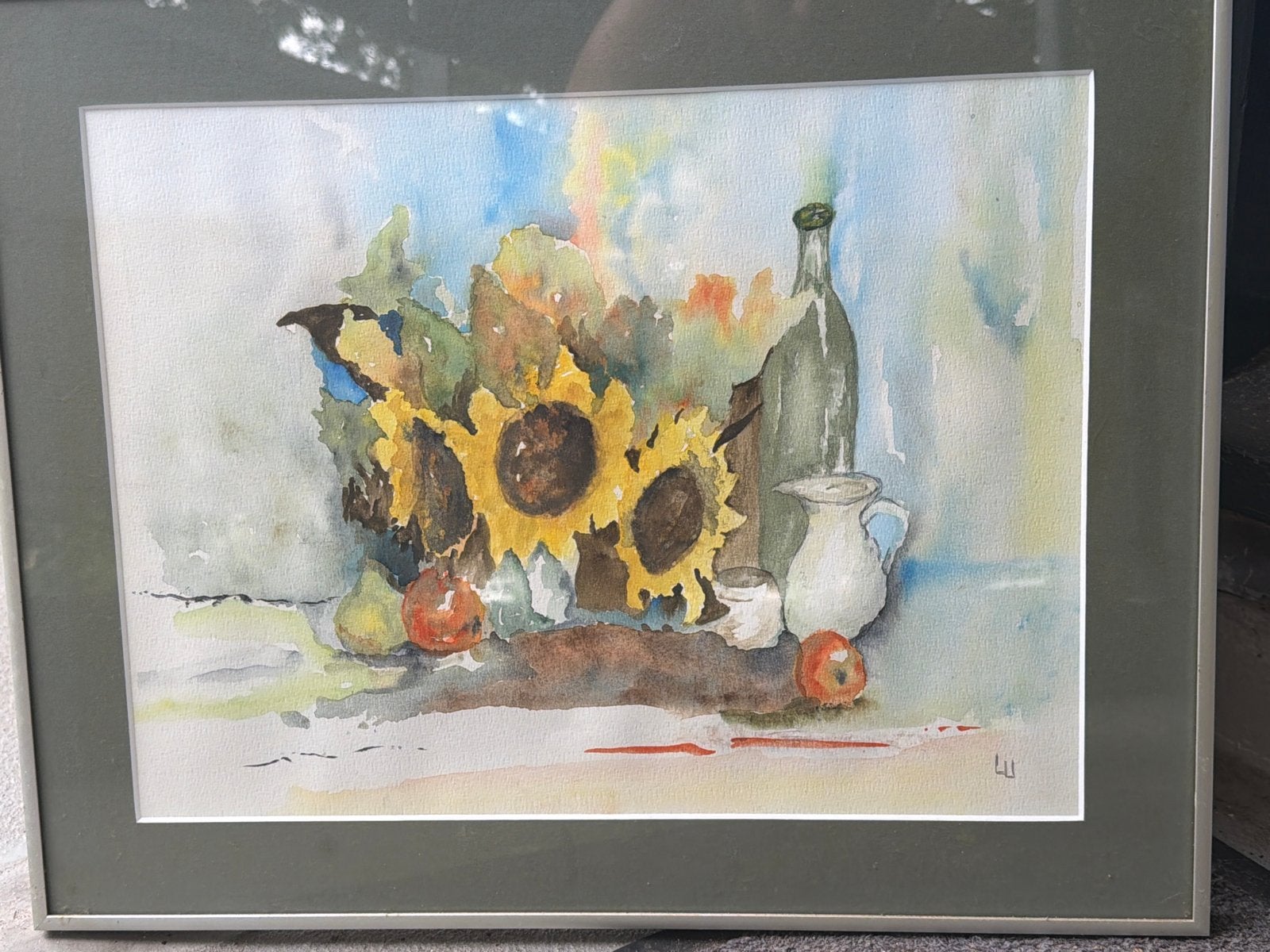Aquarel Stilleven met Zonnebloemen en Fruit, Stilleven, Ophalen of Verzenden, Gesigneerd, Aquarel
