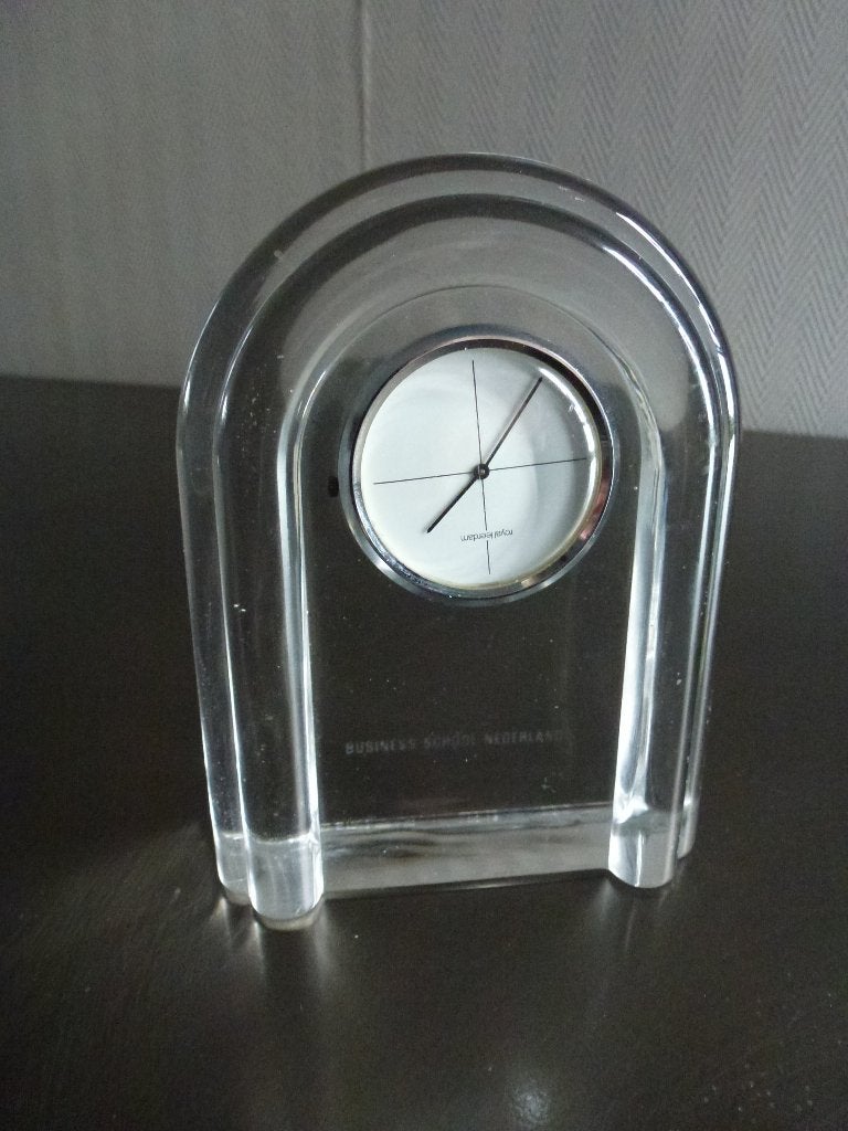 Kristallen tafelklok van Royal Leerdam, ontw. Siem v d Marel, Antiek en Kunst, Glas, Wit, Handgemaakt, Ophalen of Verzenden
