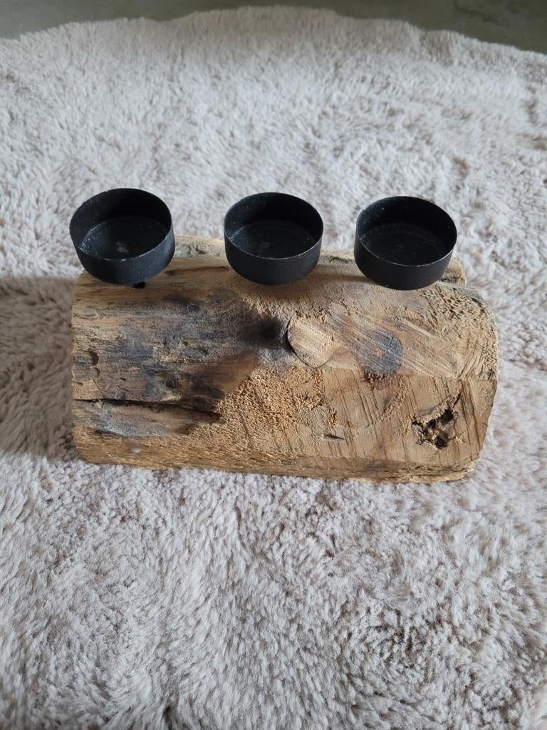 Boomstam Theelichthouder - 20 cm, Gebruikt, Bruin, Ophalen of Verzenden, Hout