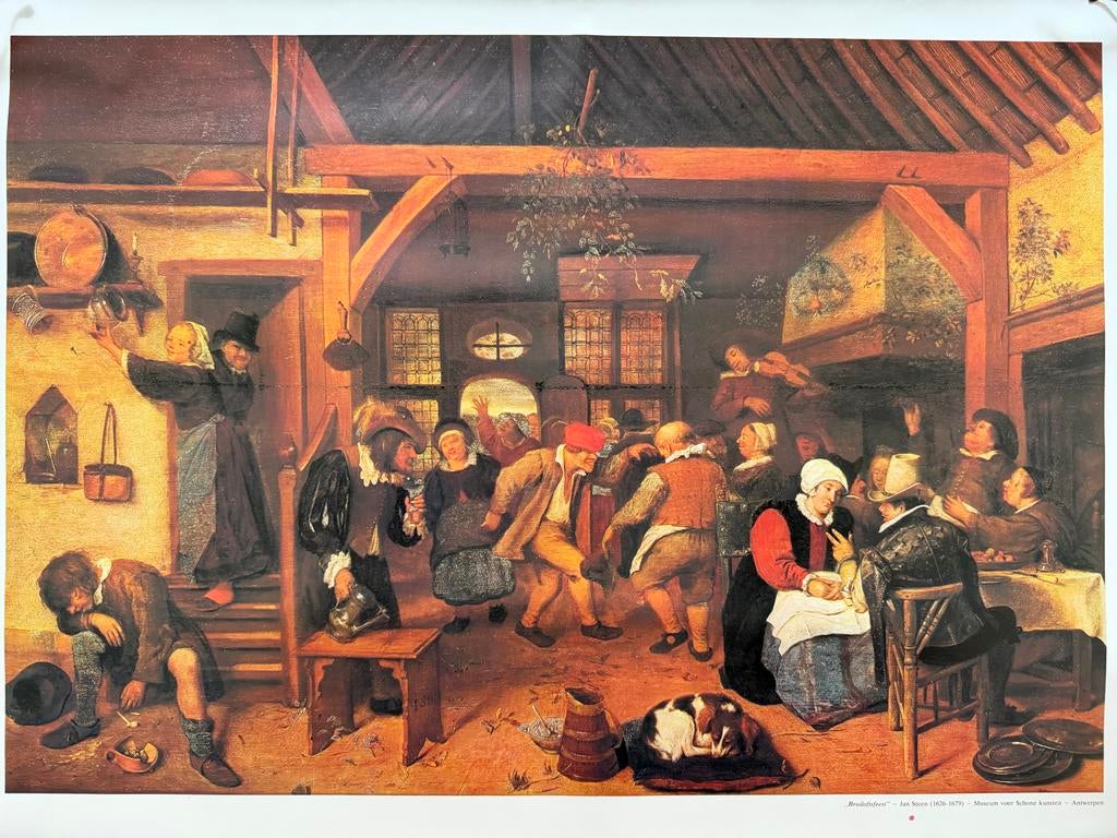 Oude poster 'Bruiloftsfeest' van Jan Steen, 4 posters €15,-, Gebruikt, Rechthoekig Liggend, Ophalen of Verzenden, A1 t/m A3