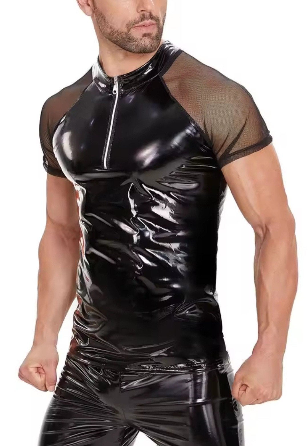 Mooie Lak Glans Shirt met Rits, tm 5XL, Verzenden, Nieuw, Zwart