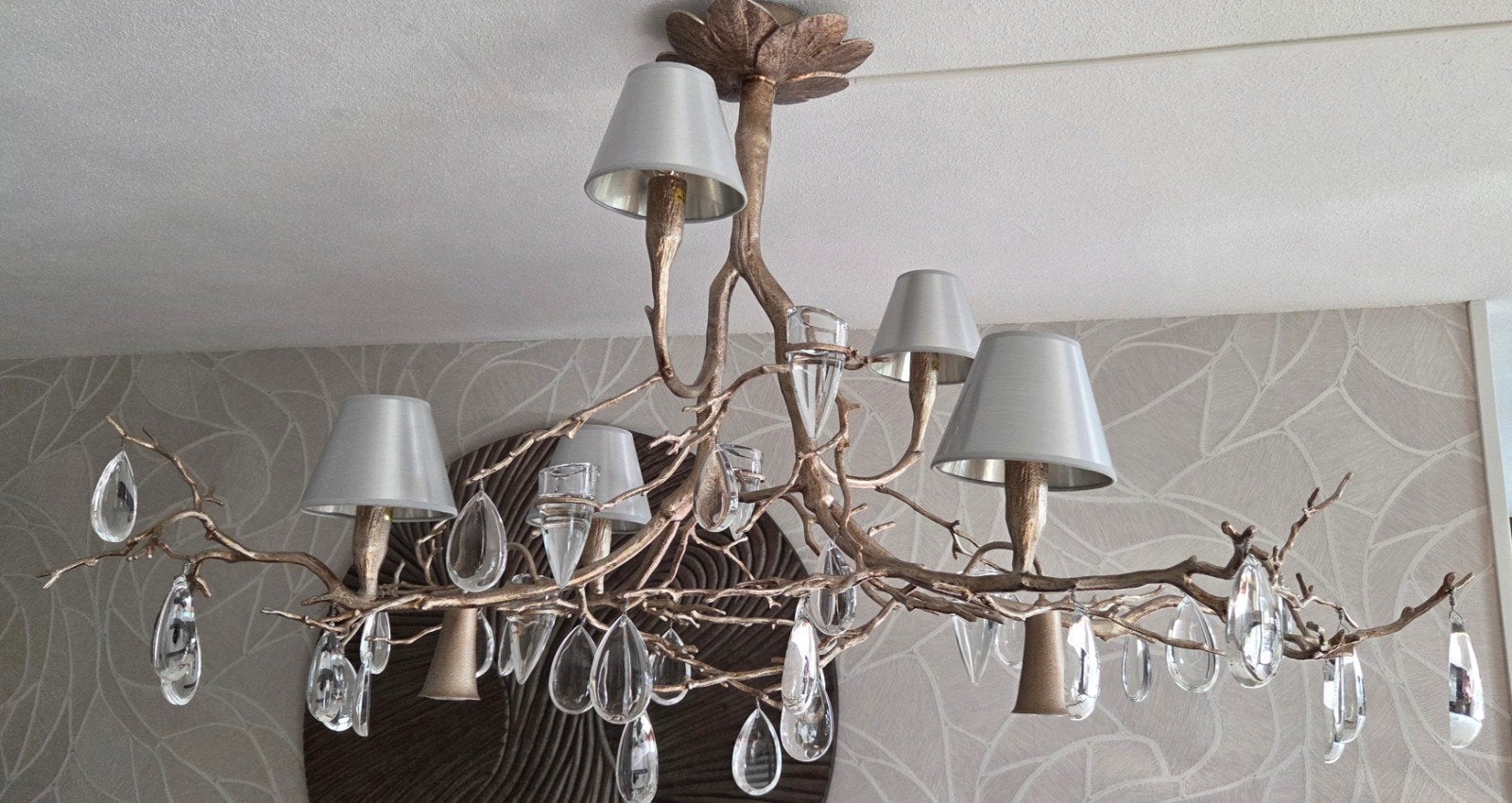 Unieke "Serip Sherwood" Kroonluchter met Takken en Kristalle, Ophalen, E14 (klein), Glas, Natuurlijk, Modern, Luxe