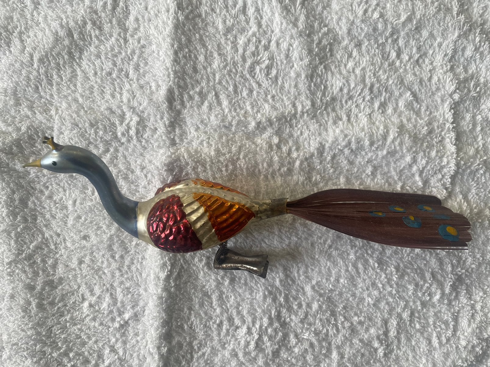 Antieke kerstbal - Vogel op knijper, Diversen, Kerst, Ophalen of Verzenden, Gebruikt