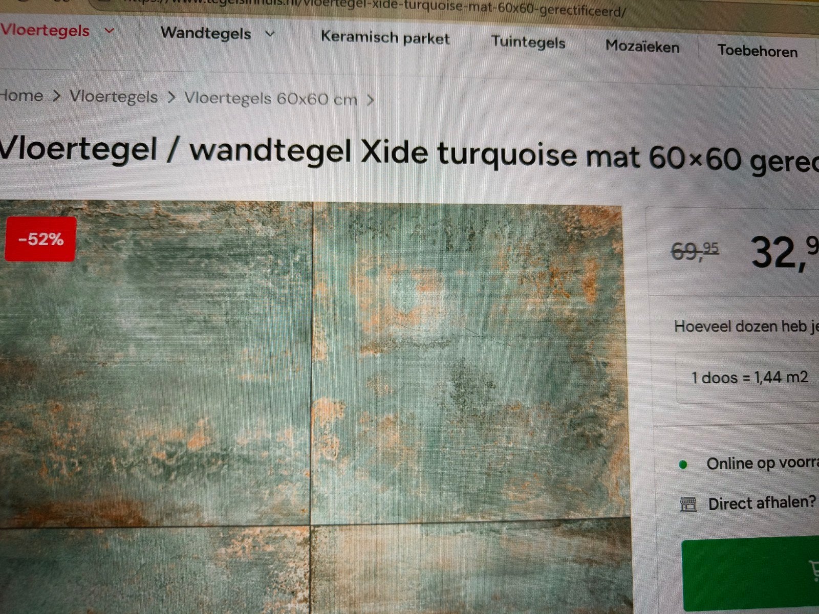 Wand/vloertegels mat turquoise gerectificeerd 60x60, Ophalen, 60 cm of meer, Nieuw, Minder dan 5 m²