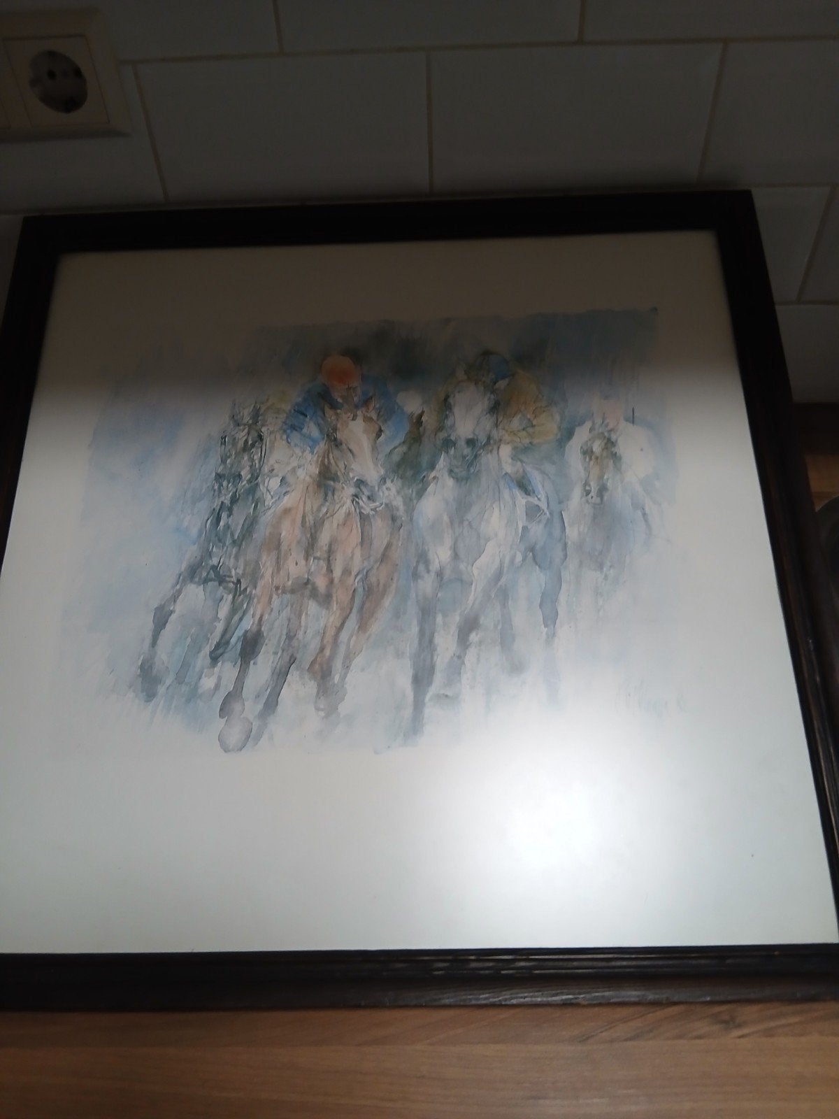 Schilderij met paardenrace - gesigneerd en gedateerd, Antiek en Kunst, Ophalen of Verzenden