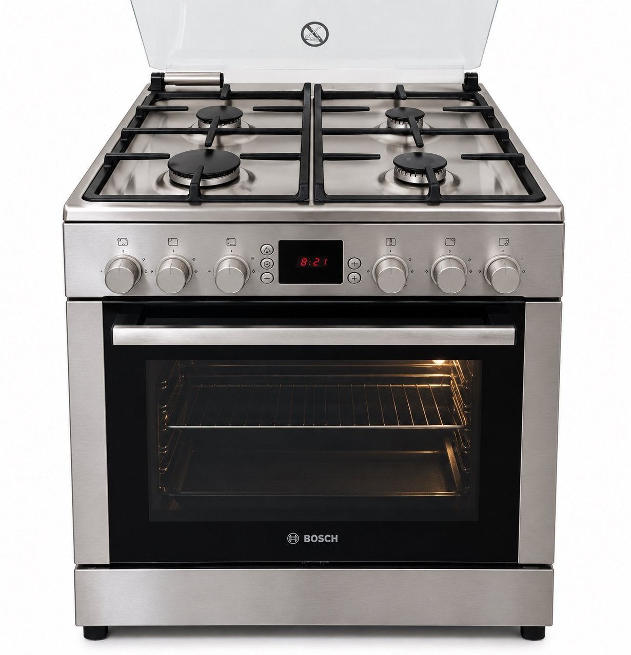 Bosch  Vrijstaand Fornuis met Oven - RVS/Zwart/Grijs, Gebruikt, Gas, Draaiplateau, 85 tot 90 cm