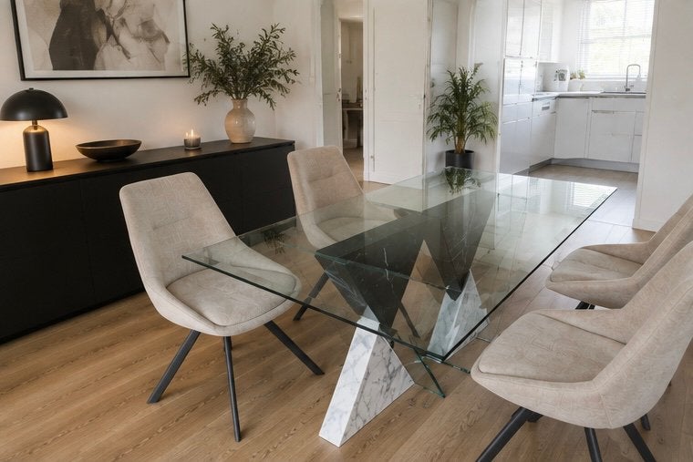 Luxe glazen eettafel met marmeren onderstel, Ophalen, 50 tot 100 cm, Zo goed als nieuw, Vijf personen of meer