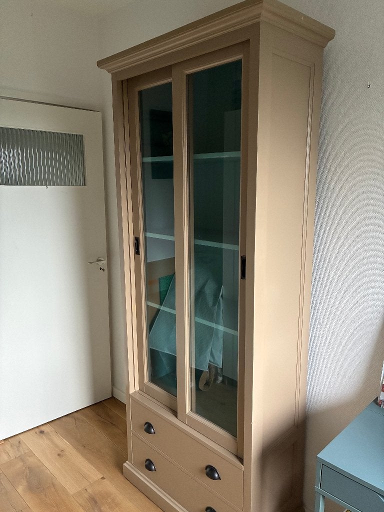 Houten vitrinekast, Ophalen, Gebruikt, 200 cm of meer, Met lade(s)