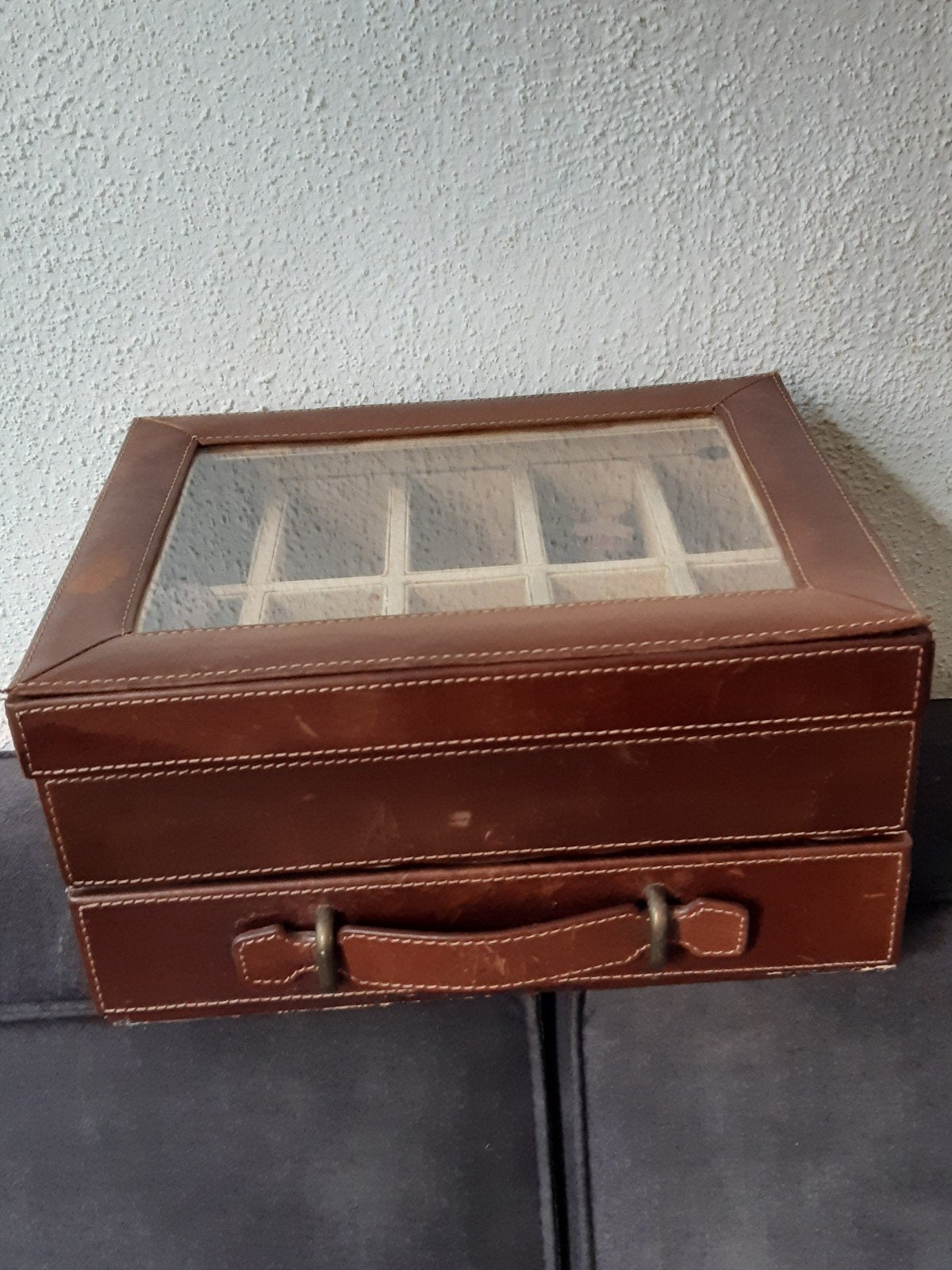 Leren?koffer ,kistje shabby vakkenbakje "display" met  lade, Ophalen of Verzenden