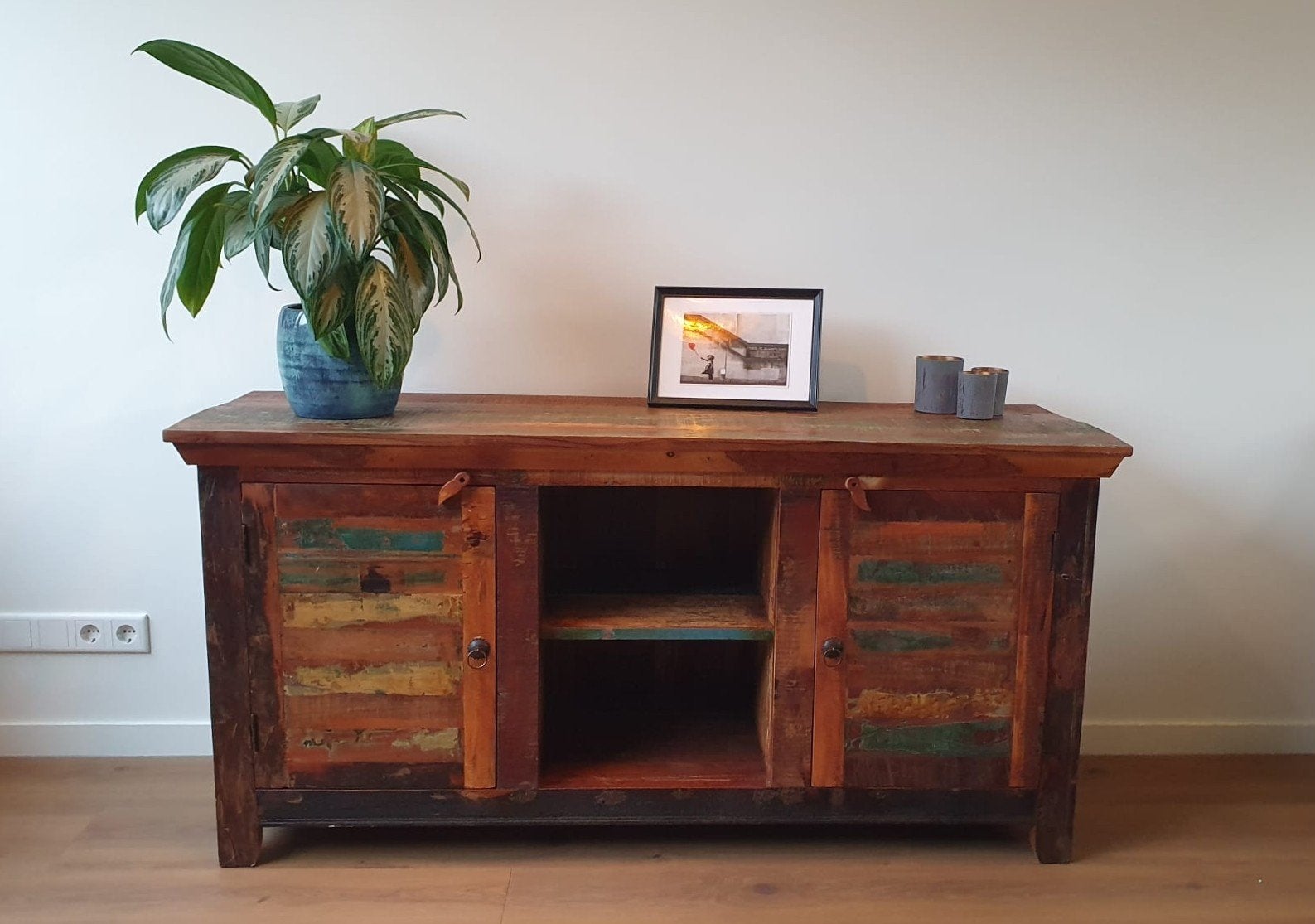 Kleurrijke dressoir kast/tv meubel-massief gerecycled hout, Ophalen, Met deur(en), 150 tot 200 cm, Teakhout