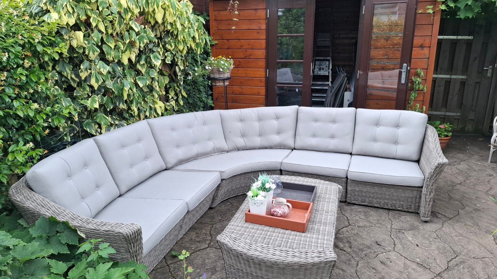 Luxe Wicker Loungeset met Salontafel - Grijs, Ophalen, 6 zitplaatsen, Bank, Zo goed als nieuw