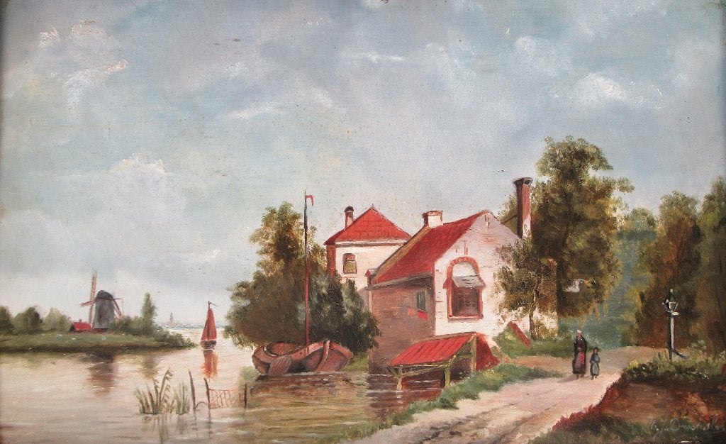 M.J. Drechsler (1874-1921): Huizen aan water, met figuren, Paneel, Ophalen of Verzenden, Olieverf, Klassiek