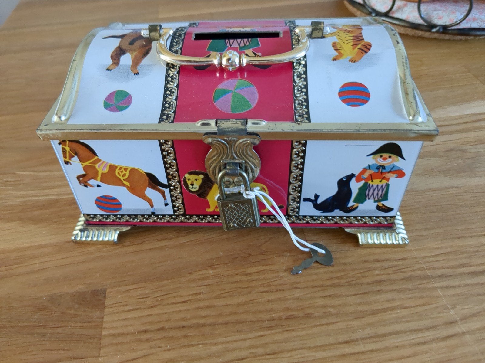 Vintage blikken spaarpot met circusfiguren, Ophalen, Gebruikt, Metaal of Blik, Overige thema's