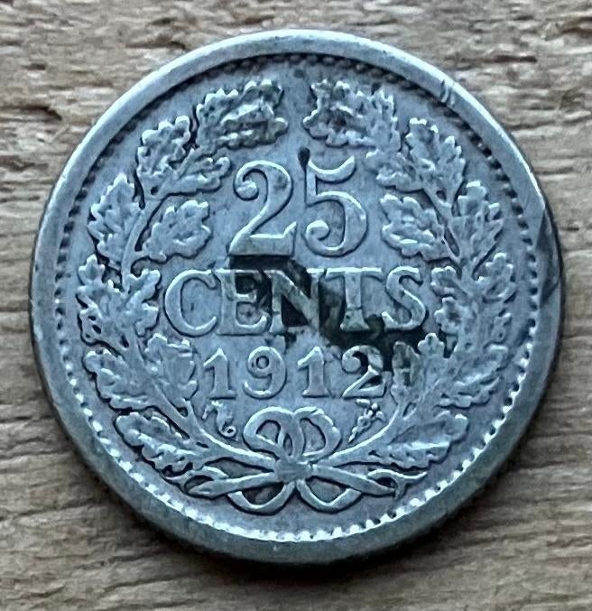 25 cent 1912 Wilhelmina, Postzegels en Munten, Munten | Nederland, Ophalen, Zilver, 25 cent, Koningin Wilhelmina