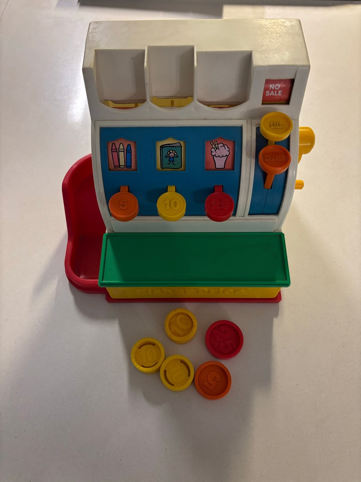 Vintage Fisher-Price Kassa Speelgoed met Munten, Kinderen en Baby's, Ophalen of Verzenden, Gebruikt, Speelset, Met geluid