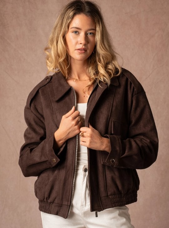 Vegan suede leer bomber jas donker bruin M / L oversized, Unika Paris, Bruin, Maat 42/44 (L), Nieuw