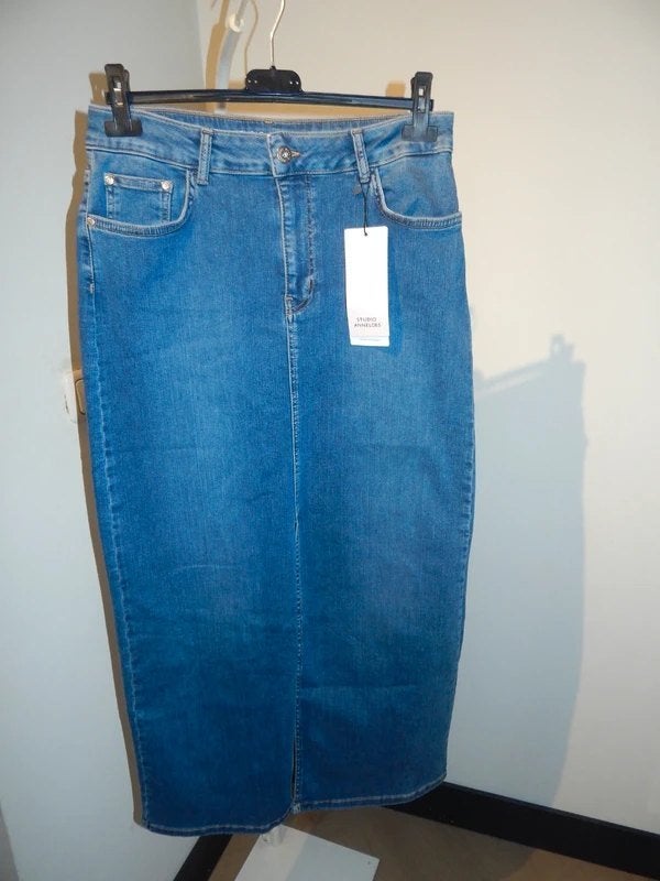 Studio Anneloes jeans rok blauw lang split voorkant Nieuw M