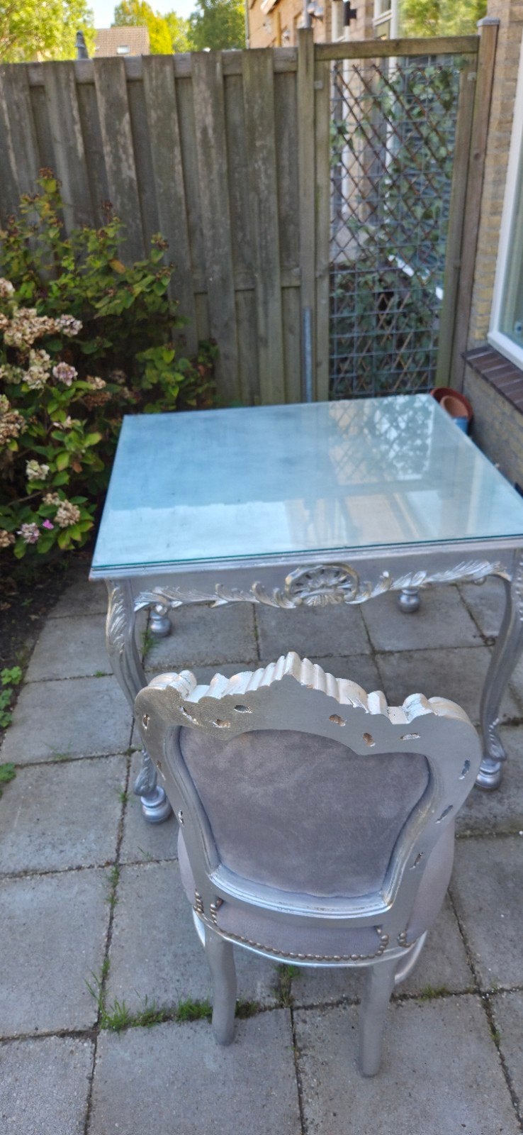 Elegante tafel met 4 stoelen - Zilverkleurig met glasplaat, Ophalen, Gebruikt, Vier personen, Klassiek, Barok