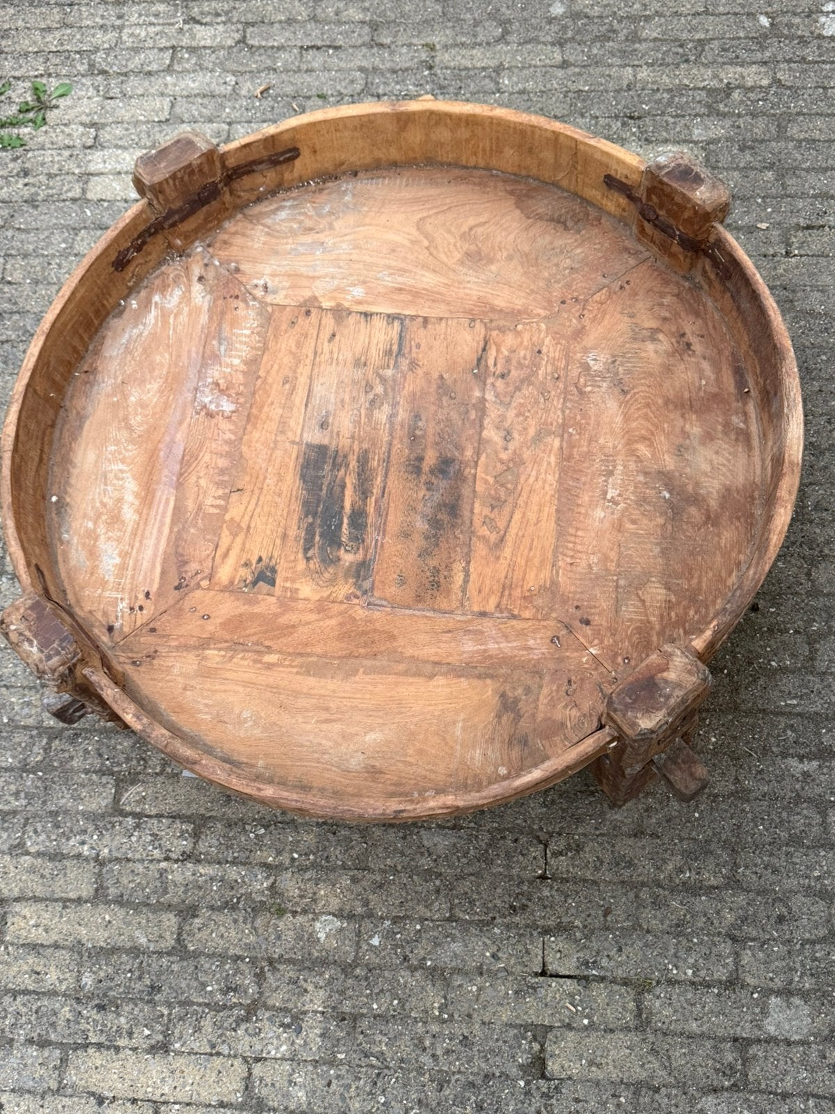 Oude houten Chakki schaal / India, Ophalen