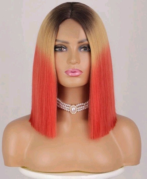 Korte Bob Pruik Ombre Rood Blond, Ophalen of Verzenden