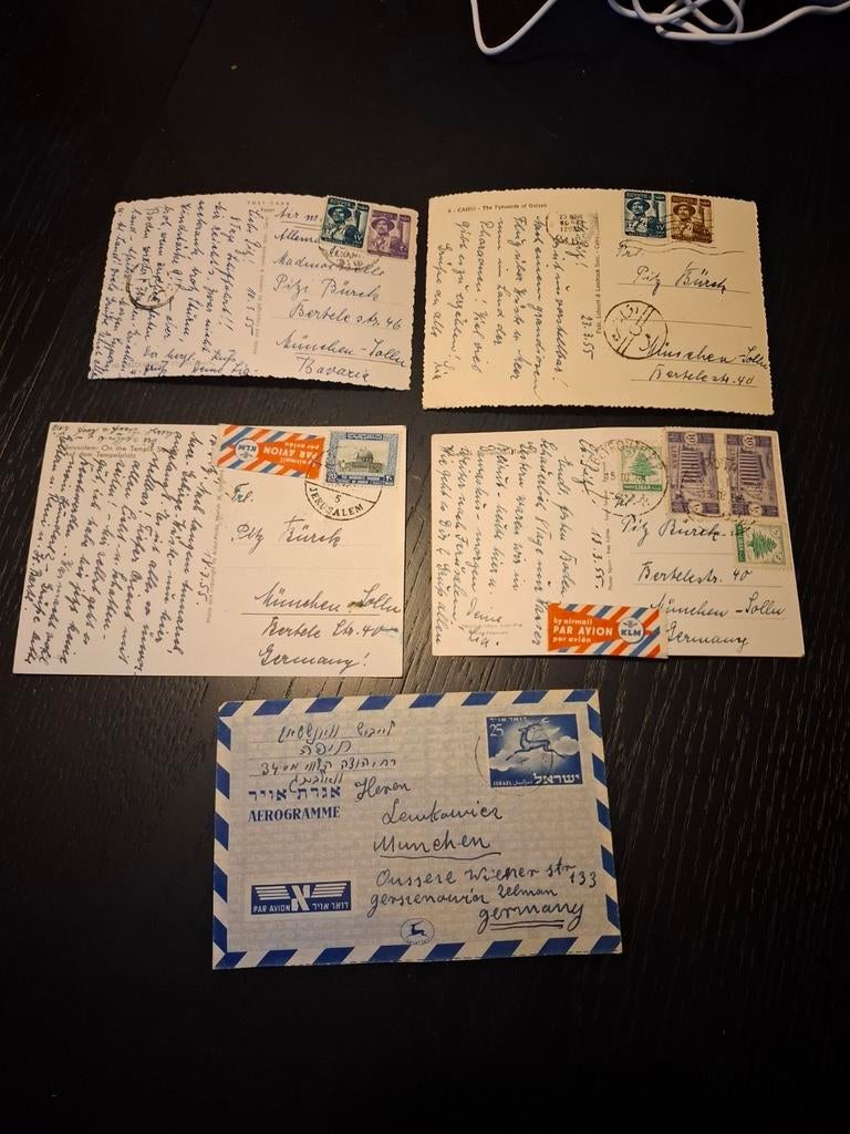 5 oude postkaarten Midden-Oosten 1950s – Egypte, Libanon, Jo, Verzenden, Envelop