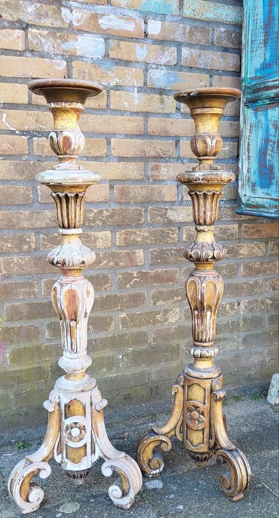 Vintage/Houtsnijwerk/Frankrijk/Kandelaar/Staande, Antiek en Kunst, Antiek | Kandelaars, Koper of Brons, Ophalen of Verzenden