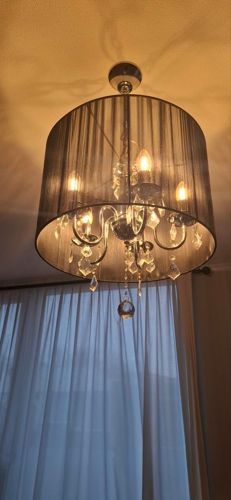 Elegante kroonluchter met zwarte kap, Ophalen of Verzenden, Zo goed als nieuw, Glas, Modern