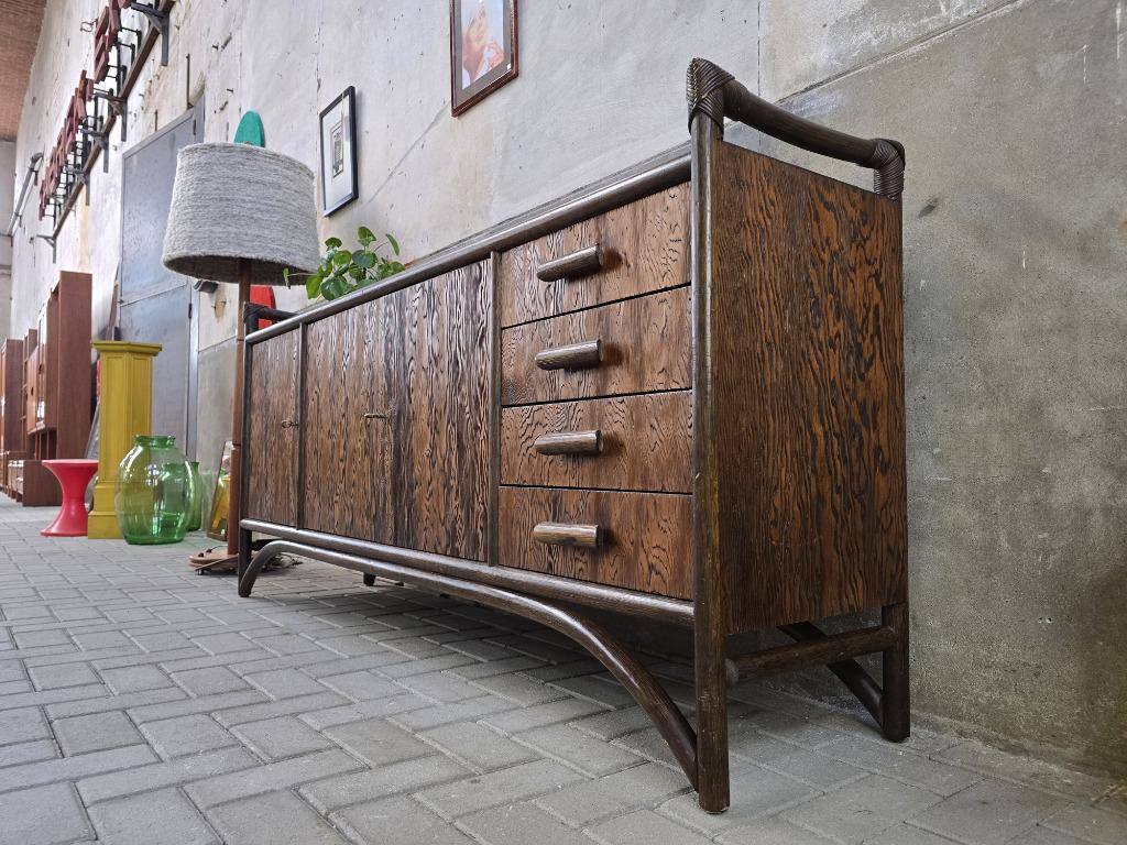 Jaren 70 Bamboe & Hout Lowboard | Retro Groot Dressoir Kast, 150 tot 200 cm, Grenenhout, Vintage Retro Jaren 60 70 BOHO, Ophalen of Verzenden