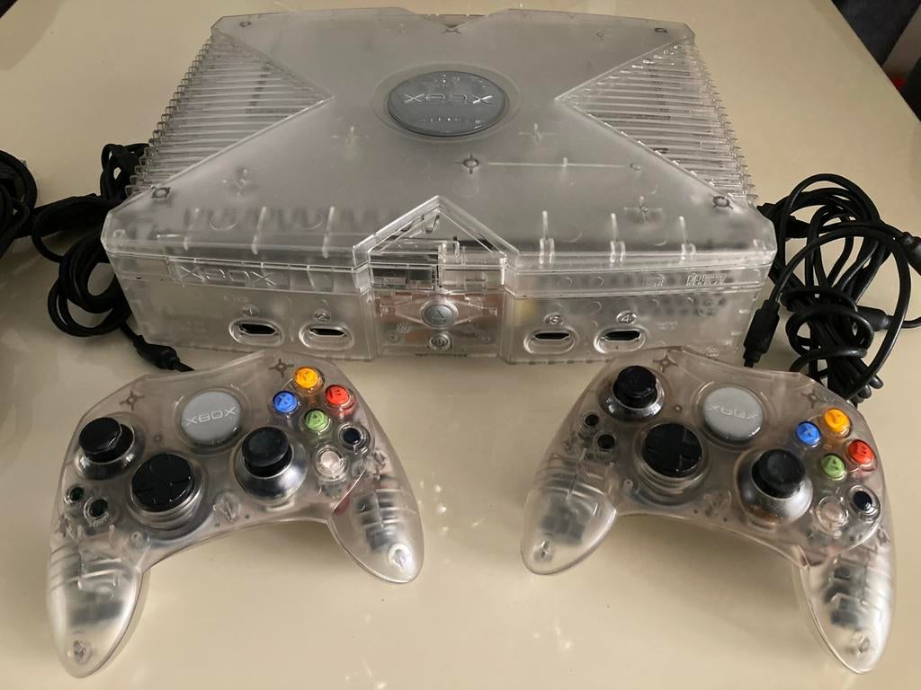 Transparante crystal Xbox original met 2 controllers, Overige genres, Eén computer, Ophalen of Verzenden, Zo goed als nieuw