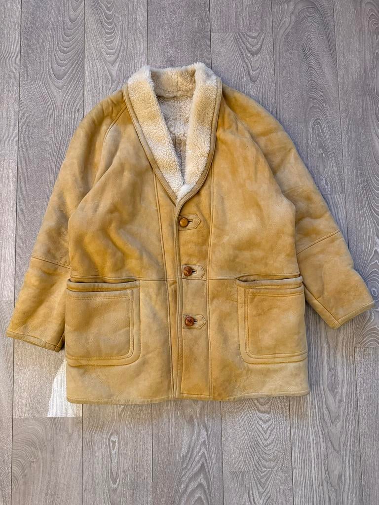 Beige Vintage Jas - Maat XL - shearling lammy coat, Verzenden, Gedragen, Maat 56/58 (XL), Beige