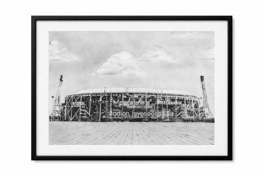 Ingelijste zwart-wit reproductie Stadion Feyenoord, Ophalen of Verzenden