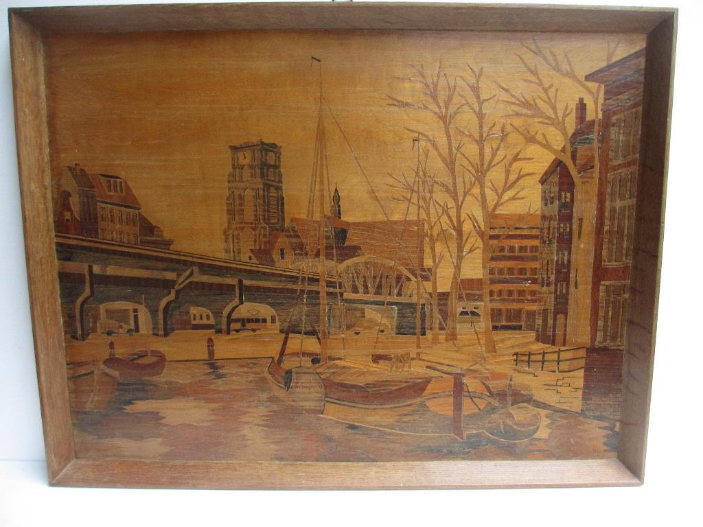 Mooi met verschillende houtsoorten ingelegd schilderij, Ophalen of Verzenden
