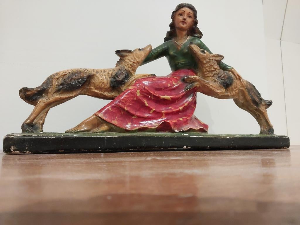 Vintage beeld dame met honden, Ophalen of Verzenden, Gebruikt, Dier