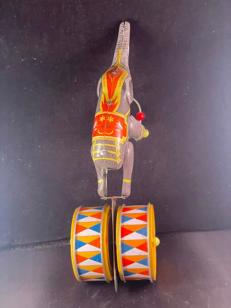 Blikken olifant op trommel / blikken speelgoed / vintage, Antiek en Kunst, Ophalen of Verzenden