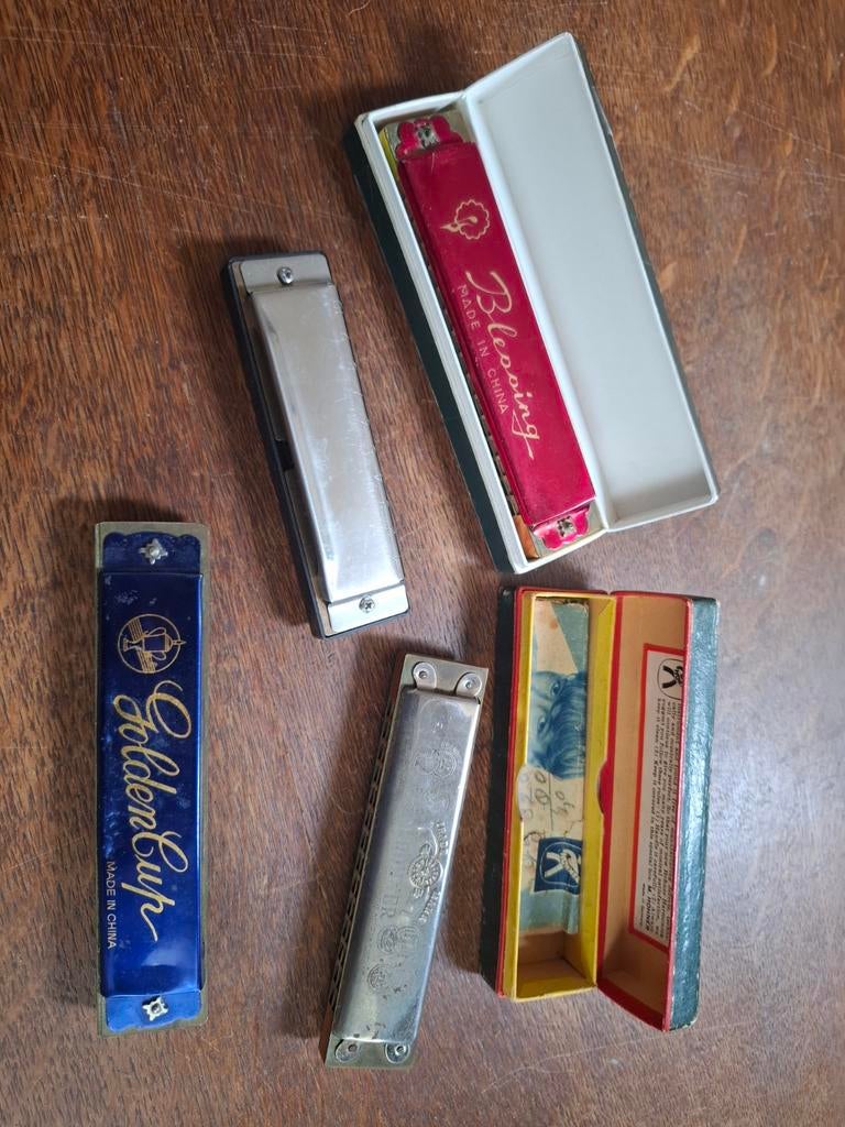 Set van 4 vintage mondharmonica's, waaronder Hohner, Muziek en Instrumenten, Blaasinstrumenten | Mondharmonica's, Gebruikt, Overige typen