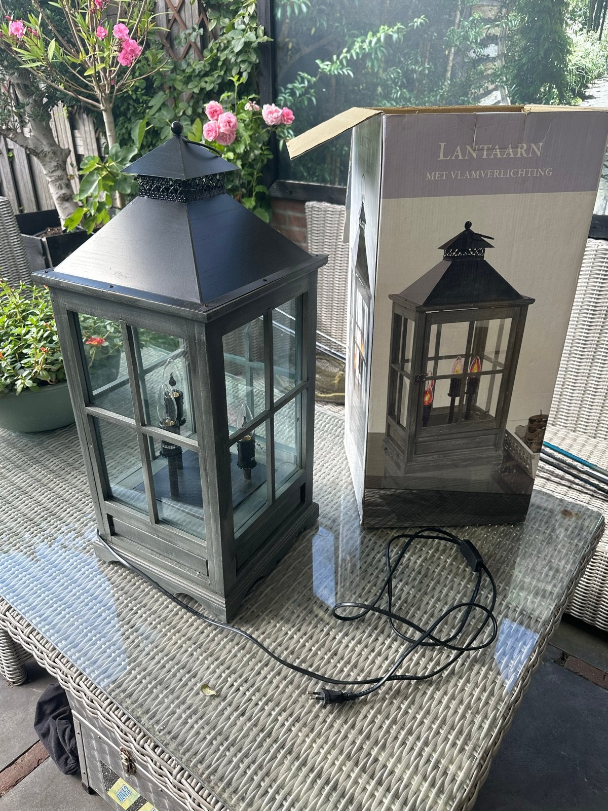 Lantaarn met vlamverlichting - Sfeervolle decoratie, Ophalen of Verzenden, Metaal, Grijs, Landelijk