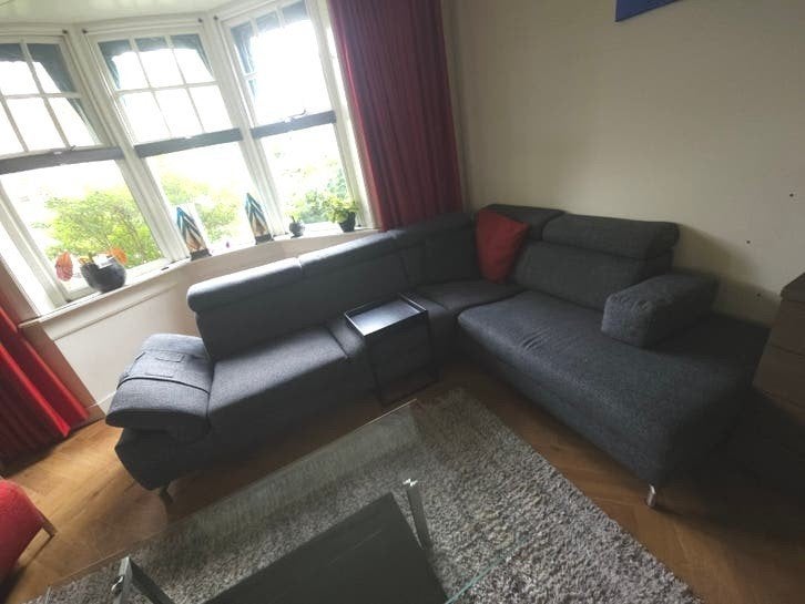 Montel hoekbank en  overschuiftafel, Ophalen, Gebruikt, Stof, Modern
