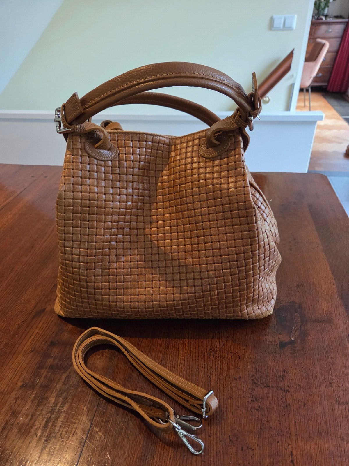 Leren handtas, Made in Italy, gevlochten design, Ophalen, Gebruikt, Bruin, Handtas