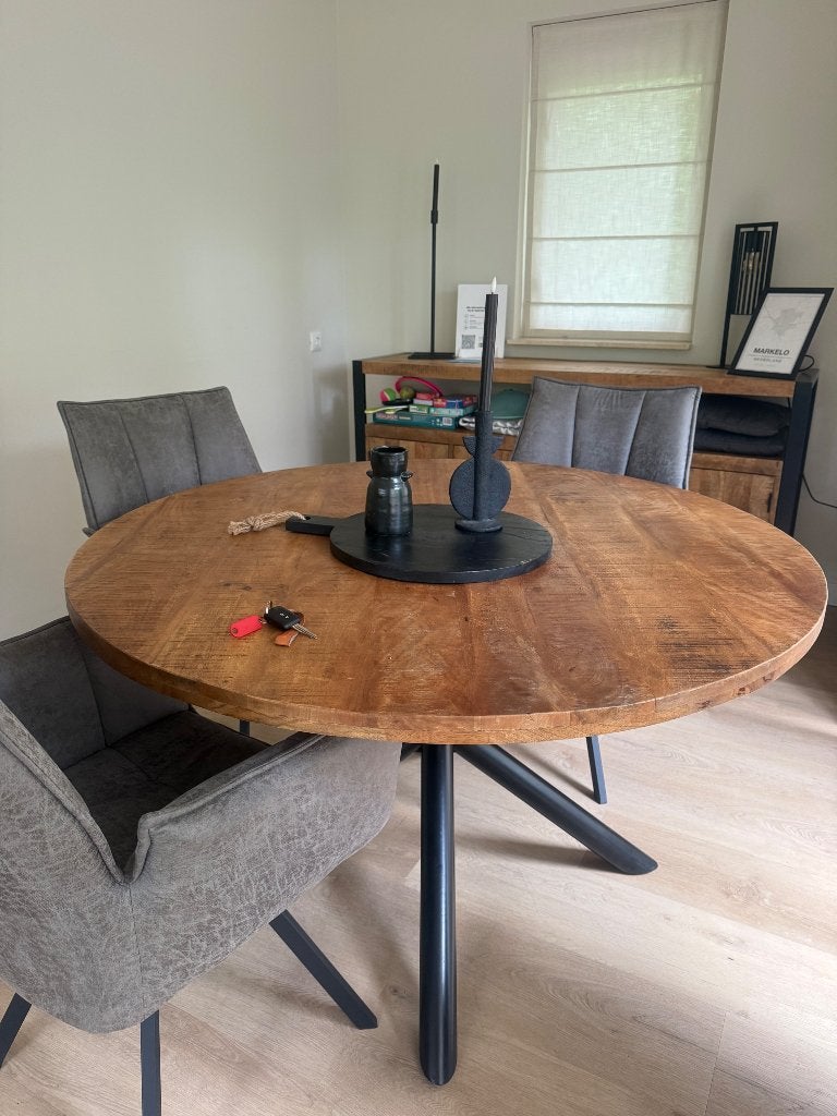 Eetkamerset mangohout 130 cm, Ophalen, Rond, Zo goed als nieuw, Vier personen