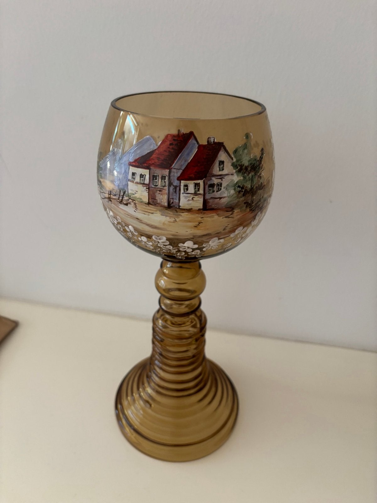 Vintage handbeschilderd amberkleurig Römer glas, Antiek en Kunst, Antiek | Glas en Kristal, Ophalen of Verzenden