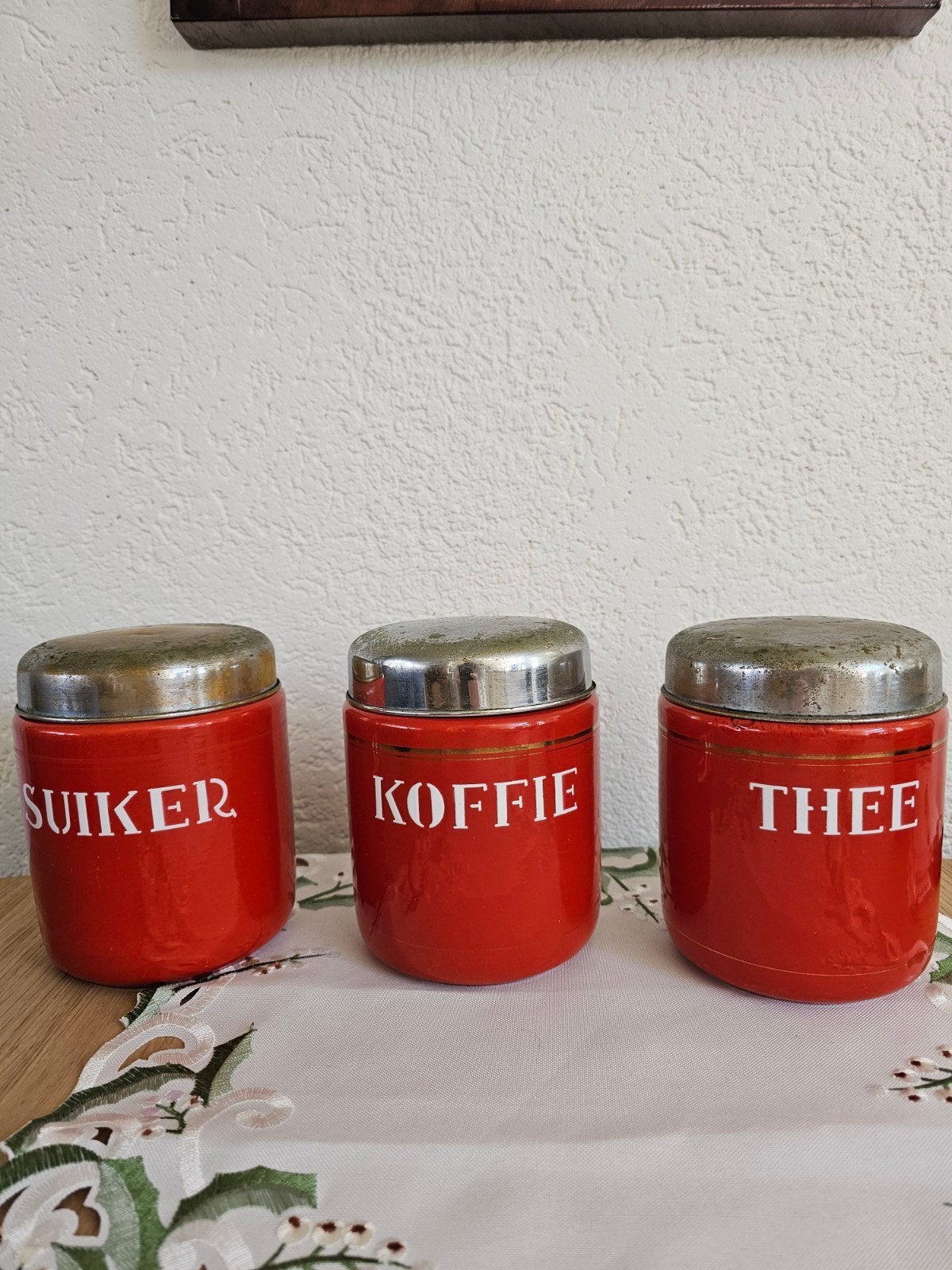 Vintage voorraadpotten: Suiker, Koffie, Thee (rood), Antiek en Kunst, Ophalen of Verzenden