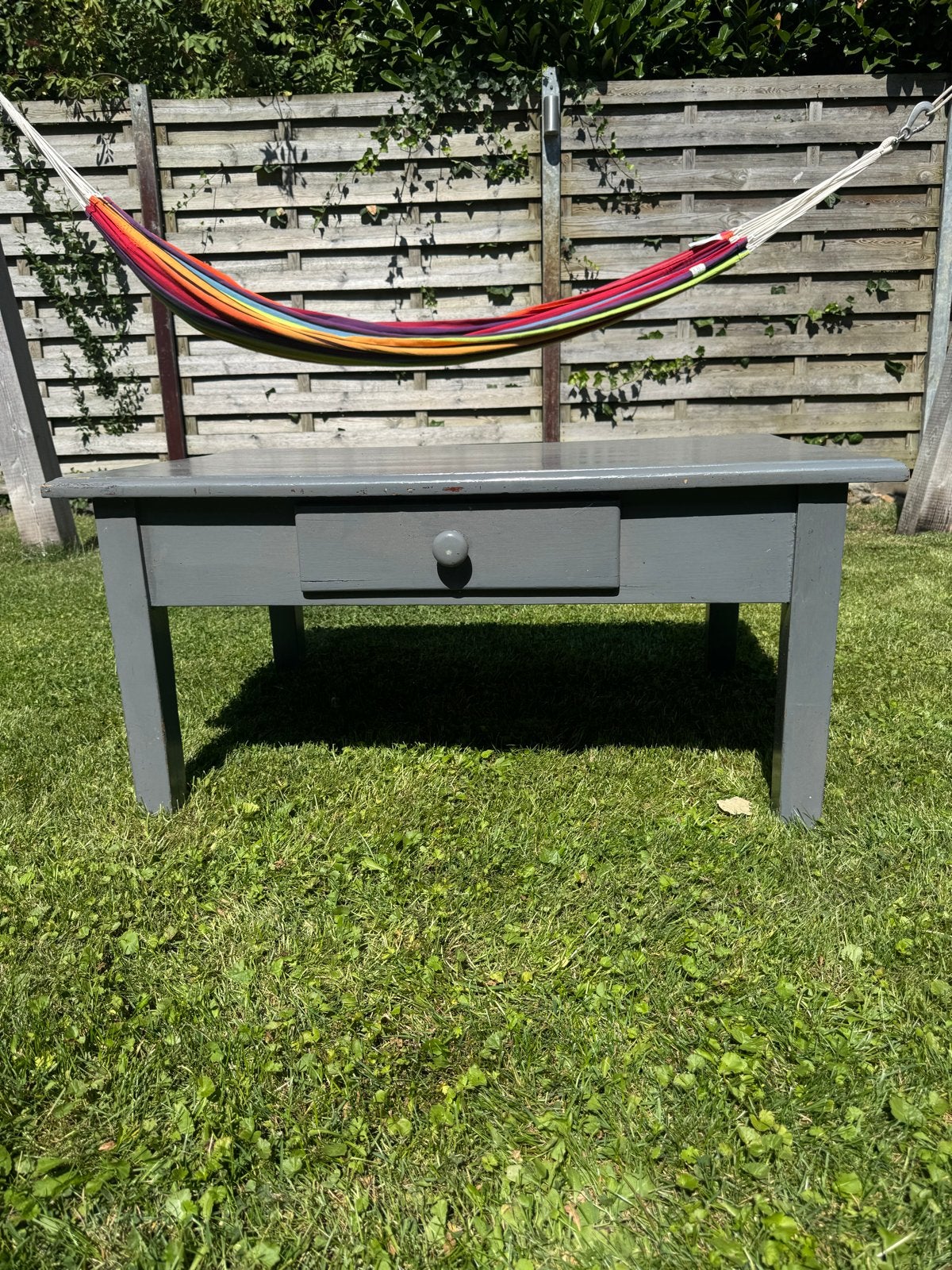 Grijze salontafel met lade - 102x69x47 cm, Ophalen, Gebruikt, 100 tot 150 cm, 50 tot 100 cm