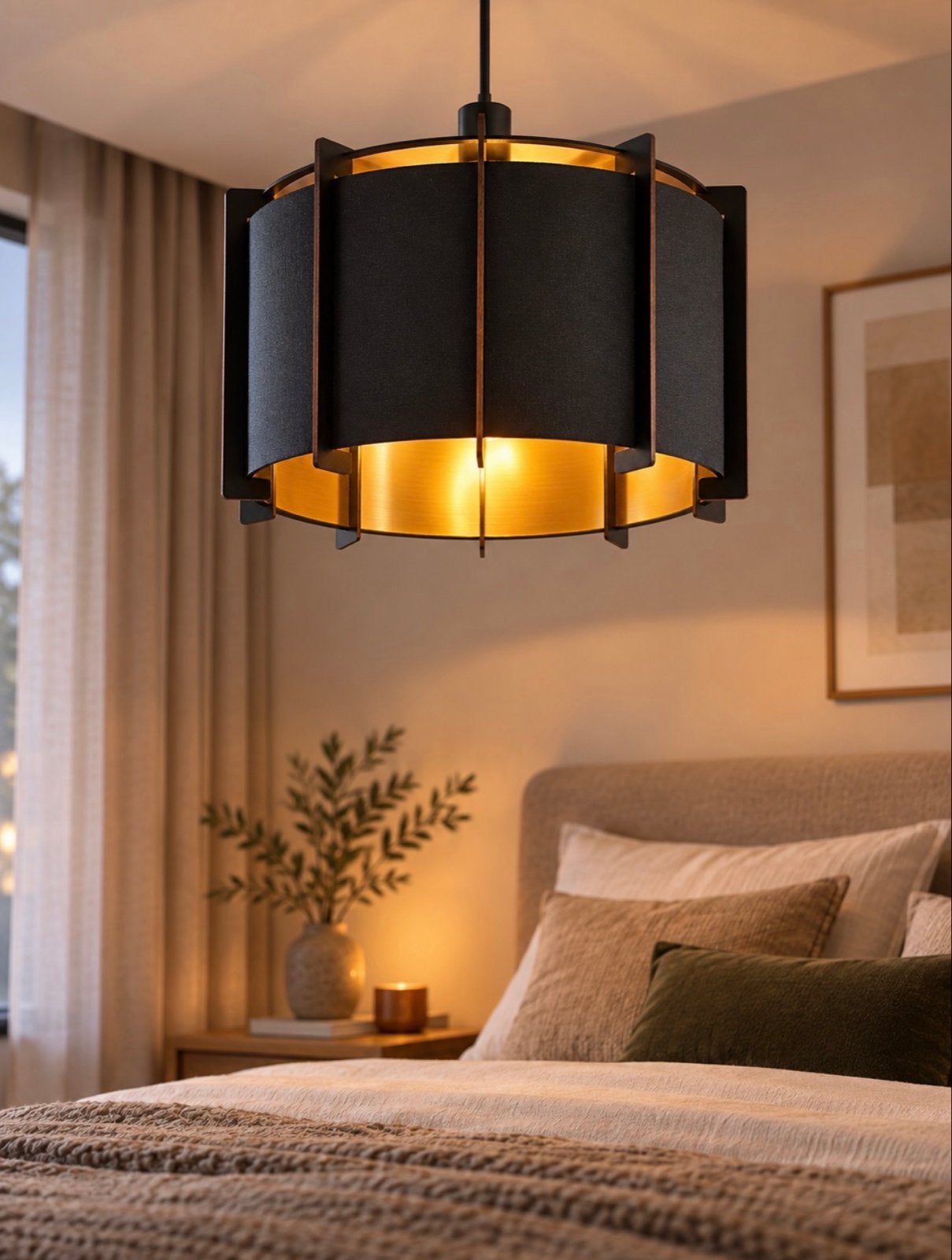 Japandi Hanglamp met houten omlijsting en goud-zwarte kap, Ophalen of Verzenden, Zo goed als nieuw, Hout, Japandi scandinavisch