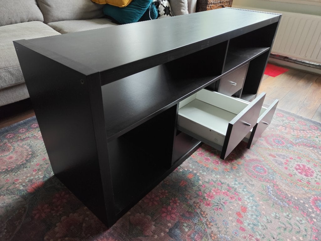 IKEA KALLAX TV-meubel zwartbruin 147x39x59 + 4 lades, Gebruikt, 100 tot 150 cm, Minder dan 100 cm, 50 tot 75 cm