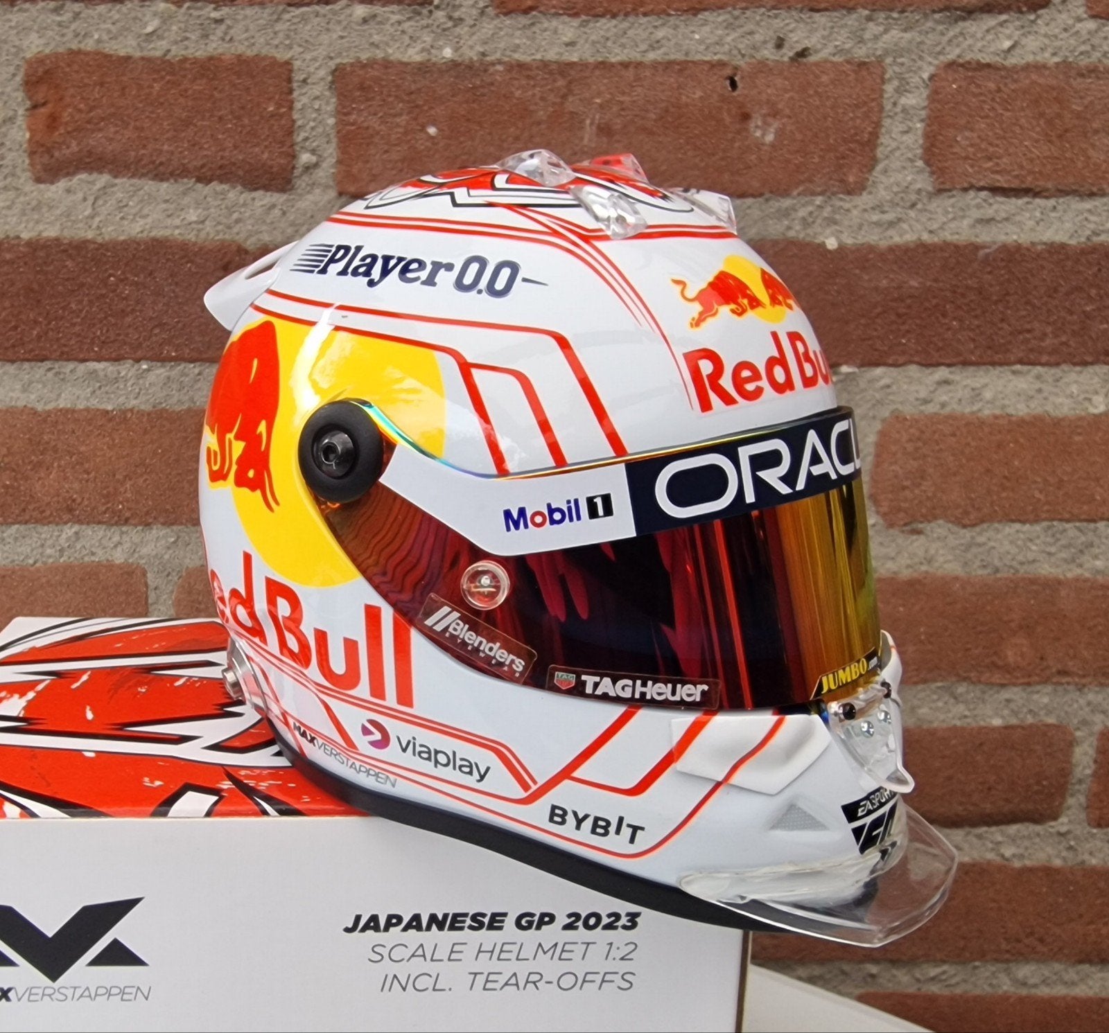 Max Verstappen. Helm 1:2. Japanse GP 2023 + Updates.., Ophalen of Verzenden, Zo goed als nieuw, Formule 1