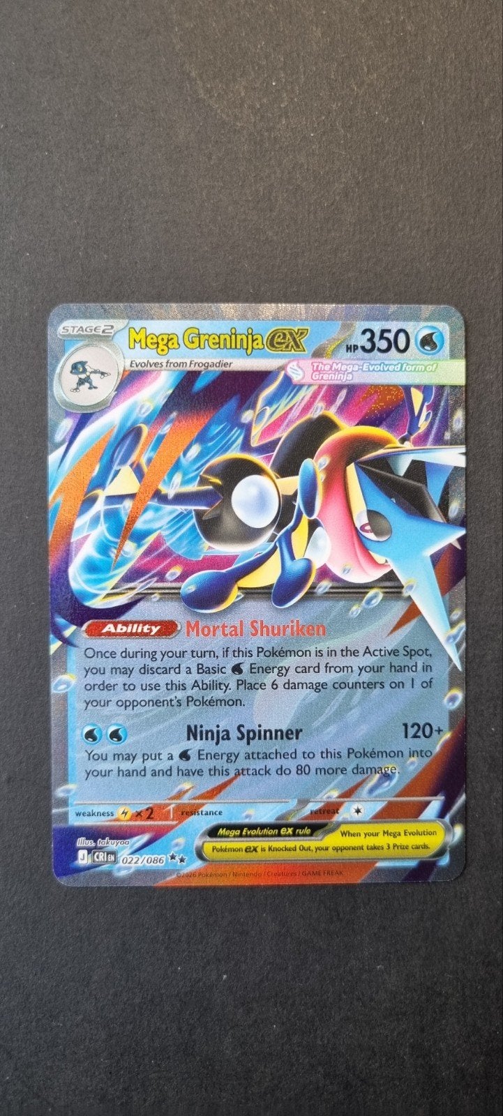 Mega Greninja EX CRI 022, Ophalen of Verzenden, Zo goed als nieuw, Losse kaart, Foil